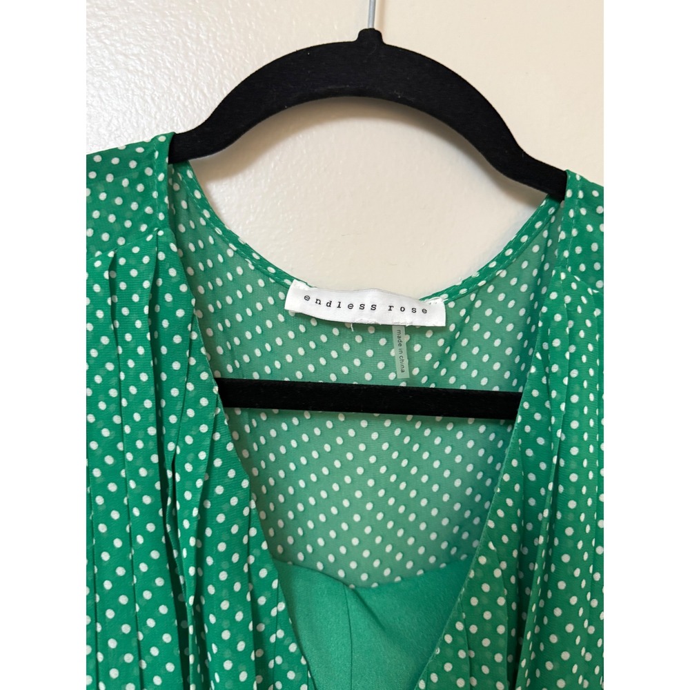 Endless Rose Green Polka Dot Pleated Long Sleeve Wide Leg Romper with Tie Waist - Picture 10 of 16